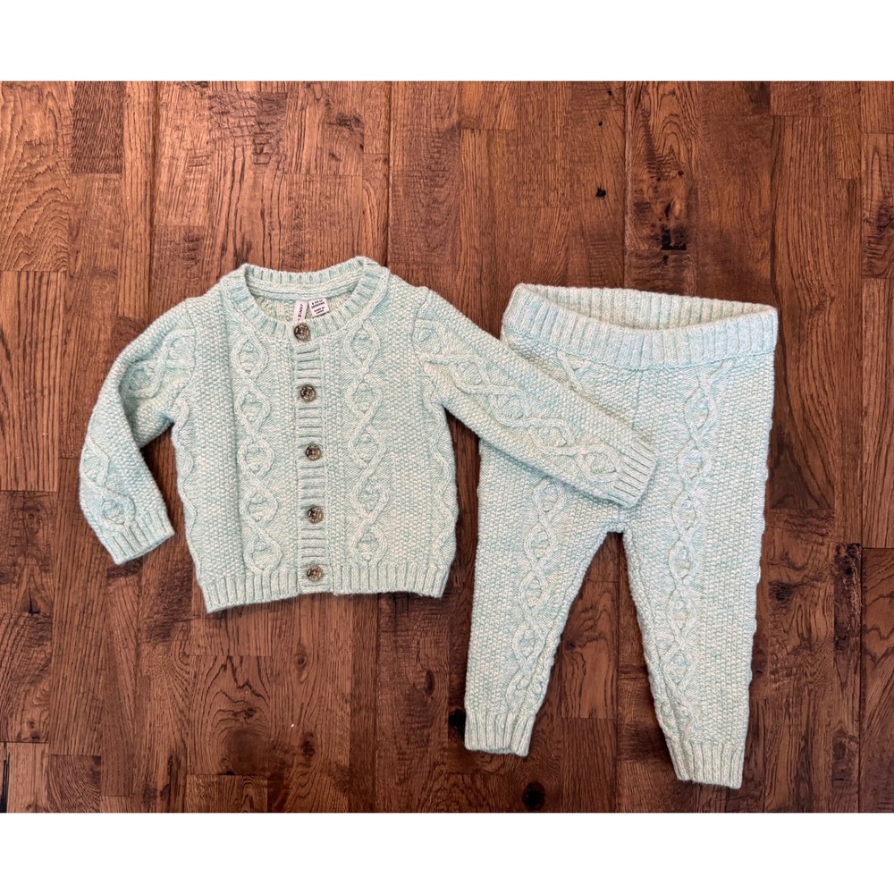 Janie and Jack Baby Aqua Sage Cable Knit Cardigan Pant Set Size 6 12 Months